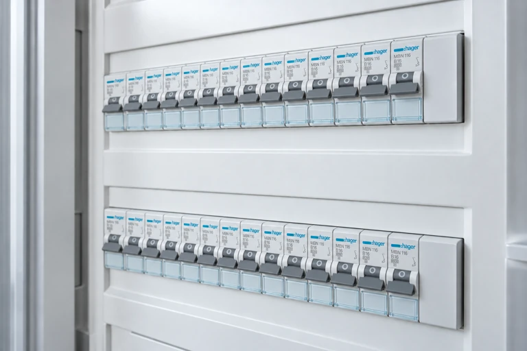 Moderne Elektroverteilung mit übersichtlich angeordneten Sicherungen